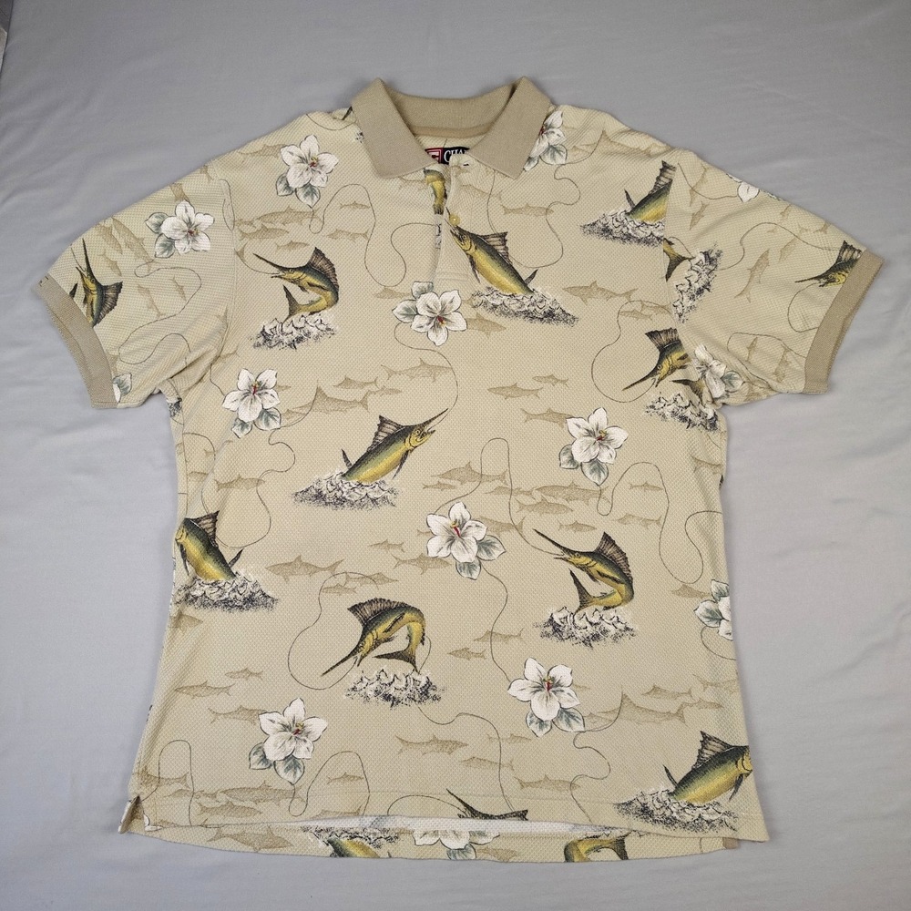 Vintage Chaps Ralph Lauren Polo Shirt Men's L Marlin Fishing Fish Floral Cotton